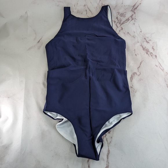 ADAY Swimsuit Women For The Win Reversible Navy White One Piece High Neck - Picture 2 of 14